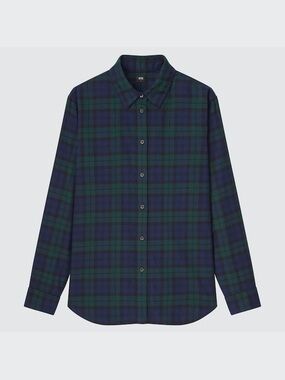 Uniqlo Green & Navy Plaid Flannel Button-Up Shirt - Cotton